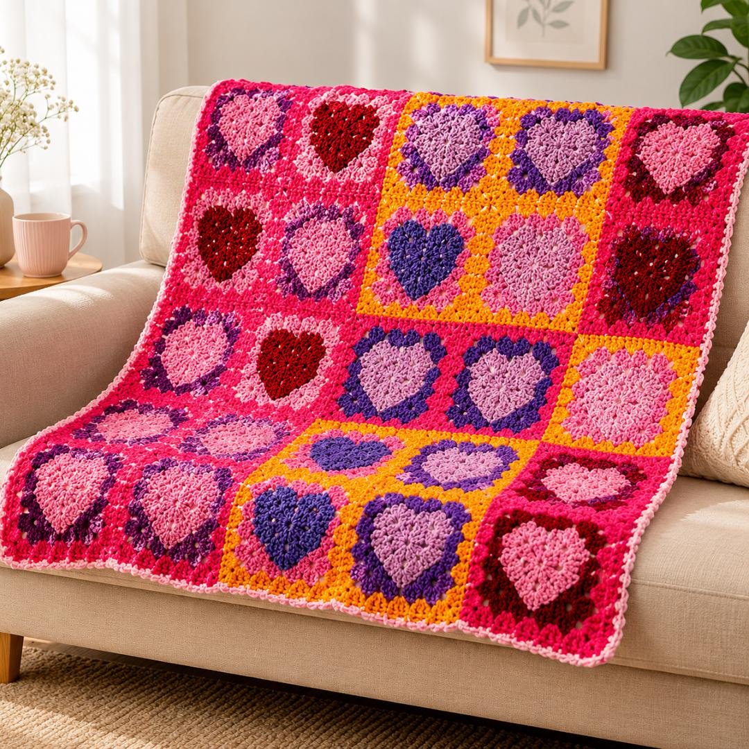 Heart Granny Square Crochet Blanket Pattern (3) Heart Granny Square Crochet Blanket Pattern